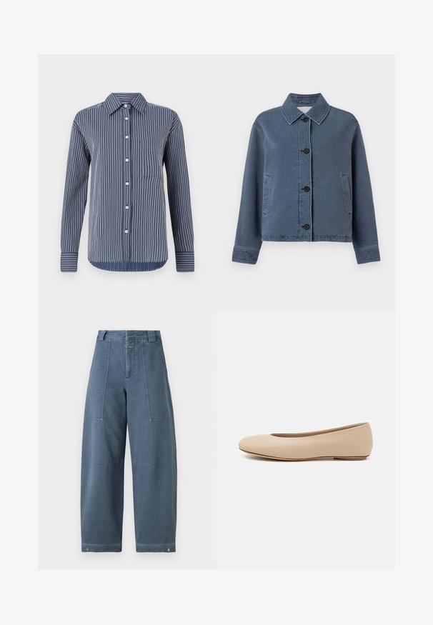 Blue textured denim jacket with a collared neckline, front button closure, two side pockets, and ribbed cuffs.; Button-up shirt in navy and white stripes, long sleeves, single chest pocket, and a classic collar, crafted from lightweight fabric.; White sleeveless tank top made of soft, ribbed fabric; features thin straps and a round neckline, tag reads "FRAME."; Denim wide-leg pants in a light blue shade, featuring a textured surface, two front pockets, and durable stitching at the hem.; Beige leather ballet flat with rounded toe, minimal seam detailing, low heel, and subtle logo on the back. Smooth, matte texture.