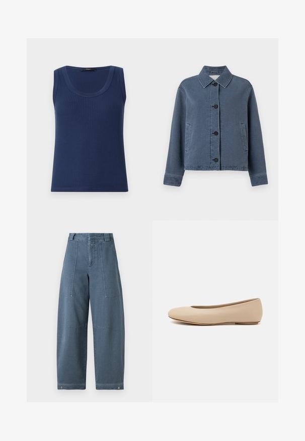 Zilā teksturētā džinsa jaka ar apkakles izgriezumu, priekšējo pogu aizdari, divām sānu kabatām un ribotām piedurknēm.; Tumši zila ribota bez piedurkņu blūze ar apaļu kakla izgriezumu. Izgatavota no mīksta auduma, ar pieguļošu dizainu un taisnu apakšmalu.; Gaišzilas džinsu bikses ar plašu kāju, kurām ir teksturēta virsma, divas priekšējās kabatas un izturīgs šuvums apakšmalā.; Bežs ādas deju zābaciņš ar noapaļu purngalu, minimālu šuvju detaļām, zemu papēdi un diskrētu logotipu aizmugurē. Gluda, matēta tekstūra.