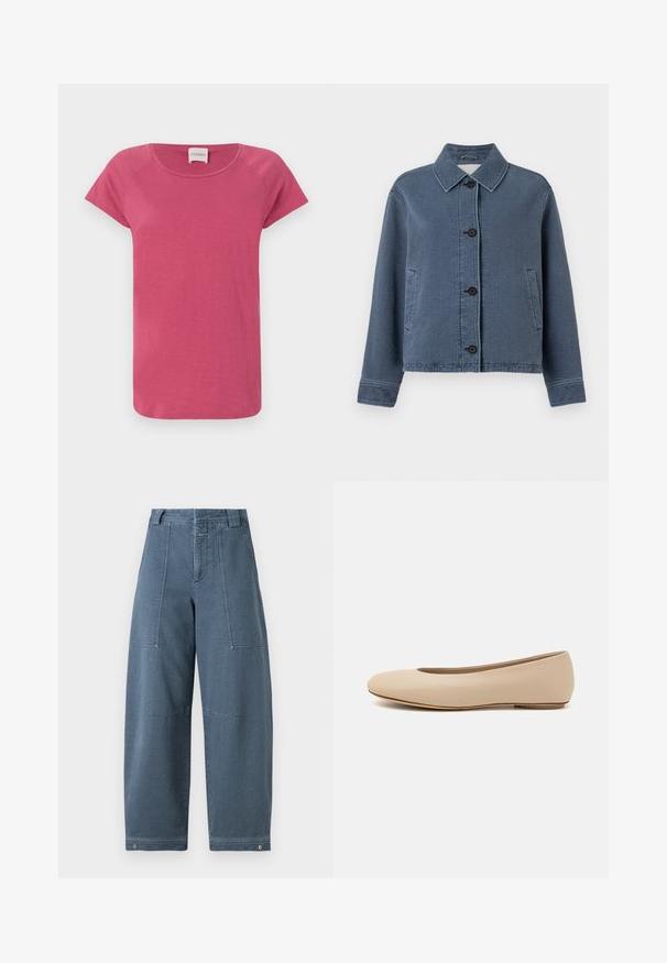 Kék textúrájú farmerdzseki galléros nyakkal, elöl gombos záródással, két oldalsó zsebbel és bordázott mandzsettával.; Rózsaszín, rövid ujjú póló kerek nyakkivágással, puha anyagból készült, raglán ujjakkal és laza szabással.; Gombos ing sötétkék és fehér csíkokkal, hosszú ujjakkal, egyetlen mellzsebbel és klasszikus gallérral, könnyű anyagból készült.; Világoskék színű, bőszárú farmernadrág, texturált felülettel, két elülső zsebbel és strapabíró varrással az alján.; Beige bőr balettcipő lekerekített orral, minimális varrás részletekkel, alacsony sarkú és diszkrét logóval a hátsó részen. Simább, matt textúrájú.