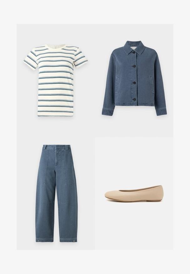 Veste en denim texturé bleu avec un col, fermeture à boutons sur le devant, deux poches latérales et poignets côtelés.; T-shirt rayé avec des lignes bleues et bleu foncé alternées sur un fond crème, avec un col rond et des manches courtes. Tissu doux.; Pantalons en denim à jambes larges dans une teinte bleu clair, présentant une surface texturée, deux poches avant et des coutures robustes à l'ourlet.; Ballerines en cuir beige avec un bout arrondi, un minimum de coutures, un petit talon et un logo subtil à l'arrière. Texture lisse et mate.