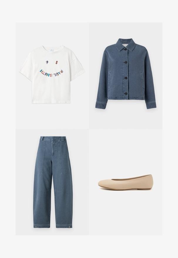 Niebieska, teksturowana kurtka dżinsowa z kołnierzykiem, zapinana na guziki z przodu, z dwoma bocznymi kieszeniami i prążkowanymi mankietami.; Biała bawełniana koszulka z krótkim rękawem, okrągłym dekoltem i kolorową grafiką "P.S. Uśmiechnij się" wydrukowaną w łuk na przodzie.; Jeansy o szerokich nogawkach w jasnoniebieskim odcieniu, z teksturowaną powierzchnią, dwoma przednimi kieszeniami oraz trwałym przeszyciem u dołu.; Beżowe skórzane baleriny z zaokrąglonym noskiem, minimalnymi szwami, niskim obcasem oraz subtelnym logo z tyłu. Gładka, matowa tekstura.