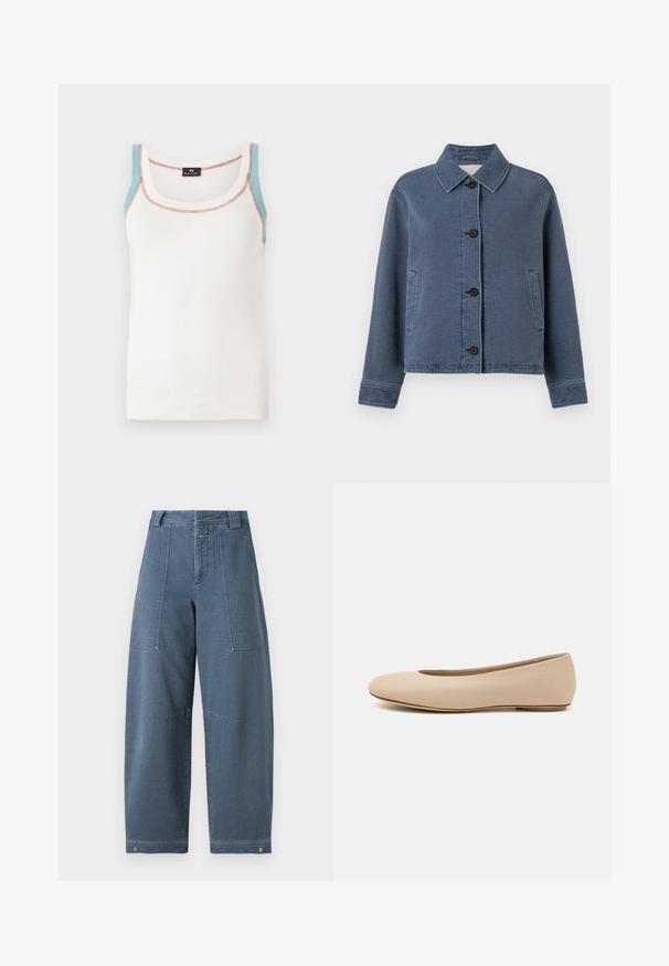 Sinine tekstureeritud denimpusa, millel on kraega kaelus, esikülje nup闭, kaks külgtaskut ja soonikkoes varrukad.; PS Paul Smith VEST - Topp - white; Nööpidega särk tumesiniste ja valgete triipudega, pikkade varrukatega, ühe rinnataskuga ja klassikalise kaelusega, valmistatud kergest kangast.; Heledad laiad teksapüksid helesinises värvitoonis, millel on tekstureeritud pind, kaks esist taskut ja vastupidav õmblus ääres.; Beeži nahk balletitossud ümarate varvastega, minimaalse õmbluse detailiga, madala kanna ja diskreetse logoga taga. Sile, mati tekstuur.