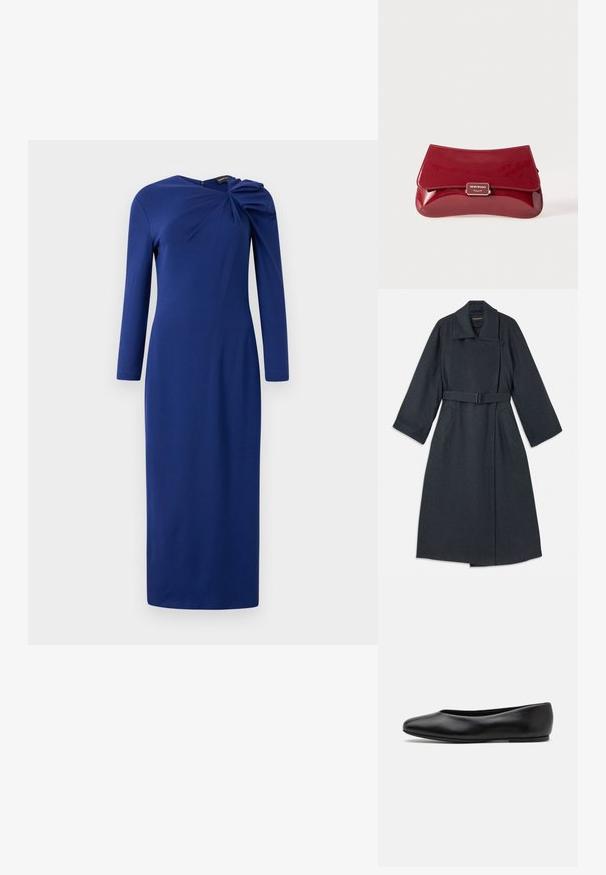 Temno siva plašča z visokim ovratnikom, pasom, dvema stranskima žepoma in širokimi rokavi. Narejen iz teksturirane tkanine s čistim oblikovanjem.; Dolga kraljeva modra obleka z dolgimi rokavi in zgibanjem na izrezu, prilegajoča silhueta, dolžina do gležnjev.; Paul Smith TOPANGA - Balerinke - black; Rdeča lakasta usnjena torbica z ukrivljenim dizajnom, preklopnim pokrovom in kovinskim logotipom na srebrni plaketi. Gladka, sijajna tekstura.