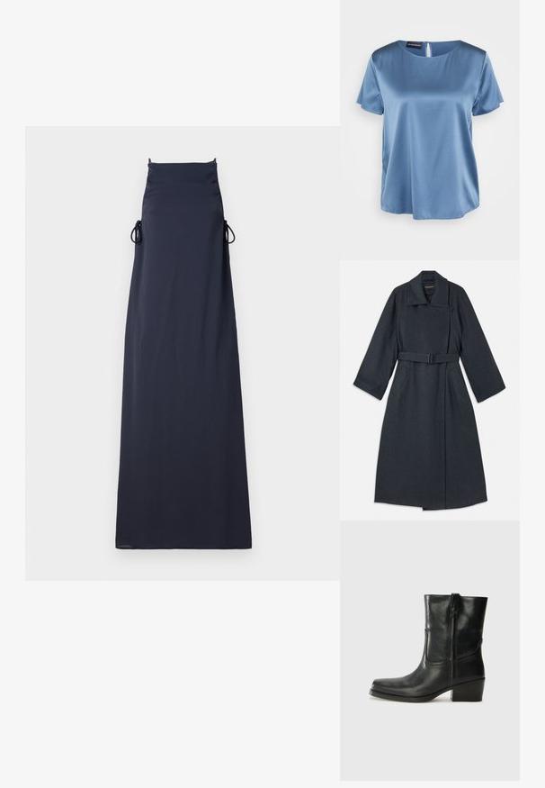 Tmavošedý kabát s vysokým golierom, pásom v páse, dvoma bočnými vreckami a širokými rukávmi. Vyrobený z textúrovanej tkaniny s čistým designom.; Námornícko modrá maxi šaty s priliehavým korzetom a bočnými šnúrkami. Vyrobené z hladkej, textúrovanej tkaniny s rovnými líniami a dĺžkou po zem.; Modrá saténová blúzka s krátkym rukávom, štvorcovým výstrihom a zipsom na chrbte. Hladká textúra a mierne voľný strih.; Čierne kožené členkové topánky s okrúhlou špičkou, blokovým podpätkom, bočným zipsom a prešívaním na priehlavku. Hladká textúra, klasický dizajn.; Červená lakovaná klobúková taška s zakriveným dizajnom, prehýbacou chlopňou a kovovým logom na striebornej doske. Hladká, lesklá textúra.
