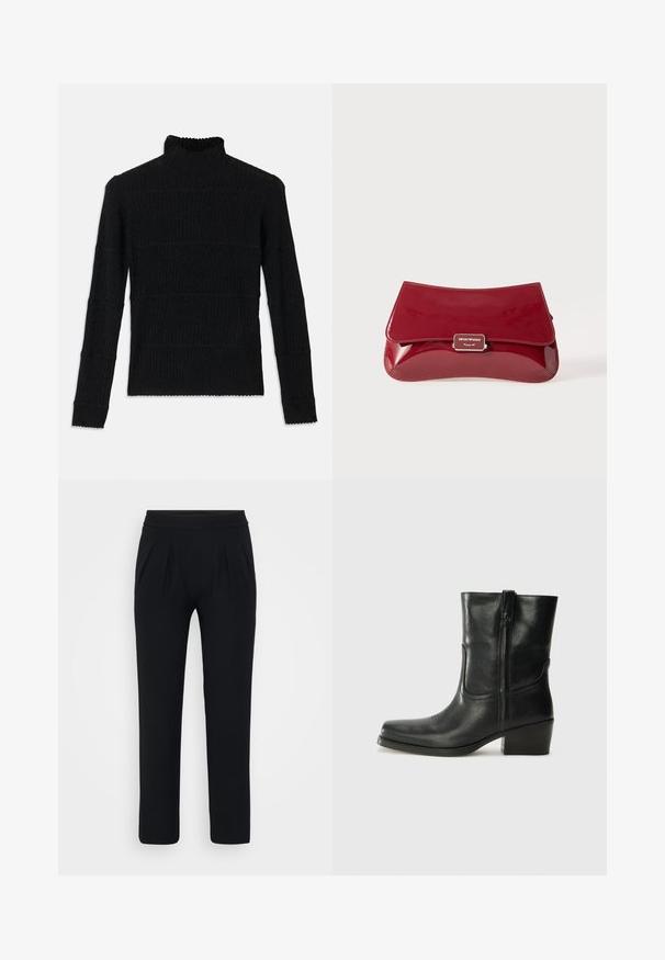Temno siva plašča z visokim ovratnikom, pasom, dvema stranskima žepoma in širokimi rokavi. Narejen iz teksturirane tkanine s čistim oblikovanjem.; Črna rebrasta turtleneck pulover s dolgimi rokavi in teksturiranim zaključkom. Ima vodoravne črte in valovit rob pri rokavih.; Modra satenska bluza s kratkimi rokavi, kvadratnim dekoltejem in zadrgo na hrbtni strani. Gladka tekstura in nekoliko ohlapen kroj.; Črne široke hlače iz gladkega materiala. Imajo elastičen pas in dva sprednja pregiba. Brez vidnih vzorcev ali dodatkov.; Črne usnjene gležnjarje z zaobljenim nosom, blok peto, stransko zadrgo in šivanjem na vampu. Gladka tekstura, klasična zasnova.; Rdeča lakasta usnjena torbica z ukrivljenim dizajnom, preklopnim pokrovom in kovinskim logotipom na srebrni plaketi. Gladka, sijajna tekstura.