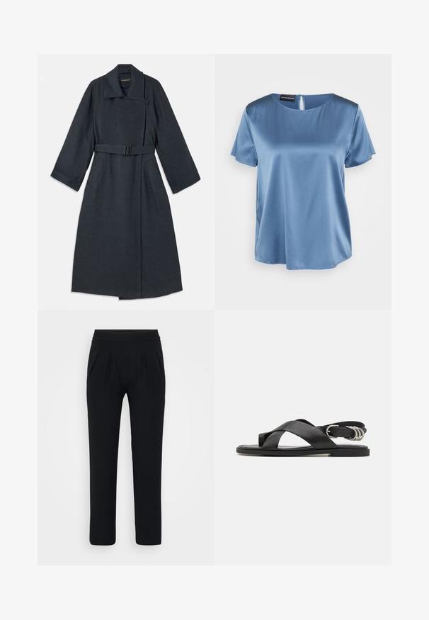 Dunkelgrauer Mantel mit hohem Kragen, tailliertem Bund, zwei seitlichen Taschen und weitem Ärmeln. Hergestellt aus strukturiertem Stoff mit einem klaren Design.; Blaue Satinbluse mit kurzen Ärmeln, quadratischem Ausschnitt und Rückenreißverschluss. Glatte Textur und leicht lockere Passform.; Schwarze, weit geschnittene Hosen aus glattem Stoff. Mit elastischem Bund und zwei Vorderfalten. Keine sichtbaren Muster oder Beschläge.; rag & bone GIA TOE LOOP - Riemensandalette - black