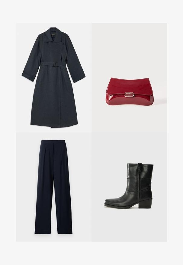 Tamno sivi kaput s visokim ovratnikom, remenom u struku, dva bočna džepa i širokim rukavima. Izrađen od teksturirane tkanine s čistim dizajnom.; Plava satenasta bluzica kratkih rukava s četvrtastim izrezom i zatvaranjem na zip. Glatka tekstura i lagano slobodan kroj.; Mornarske široke hlače s nabranima, izrađene od mekanog materijala. Imaju glatki pojas i neukrašeni dizajn za svestranu upotrebu.; Crne kožne čizme do članaka s okruglim vrhom, blok potpeticom, bočnim patentnim zatvaračem i detaljima od šavova na gornjem dijelu. Glatka tekstura, klasičan dizajn.; Crvena torbica od lakirane kože s zakrivljenim dizajnom, preklopom i metalnim logotipom na srebrnoj pločici. Glatka, sjajna tekstura.