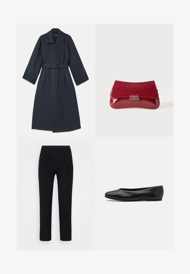 Czarny płaszcz w odcieniu szarości z wysokim kołnierzem, paskiem w talii, dwoma bocznymi kieszeniami i szerokimi rękawami. Wykonany z teksturowanej tkaniny o prostym kroju.; Niebieska satynowa bluzka z krótkim rękawem, o kwadratowym dekolcie i zamku błyskawicznym z tyłu. Gładka struktura i nieco luźny krój.; Czarne, szerokie spodnie z gładkiego materiału. Posiadają elastyczny pas i dwie fałdy z przodu. Brak widocznych wzorów lub elementów metalowych.; Paul Smith TOPANGA czarny; Czerwony lakierowany skórzany kopertówka o zaokrąglonym kształcie, z klapą składana oraz metalowym logo na srebrnej tabliczce. Gładka, błyszcząca tekstura.