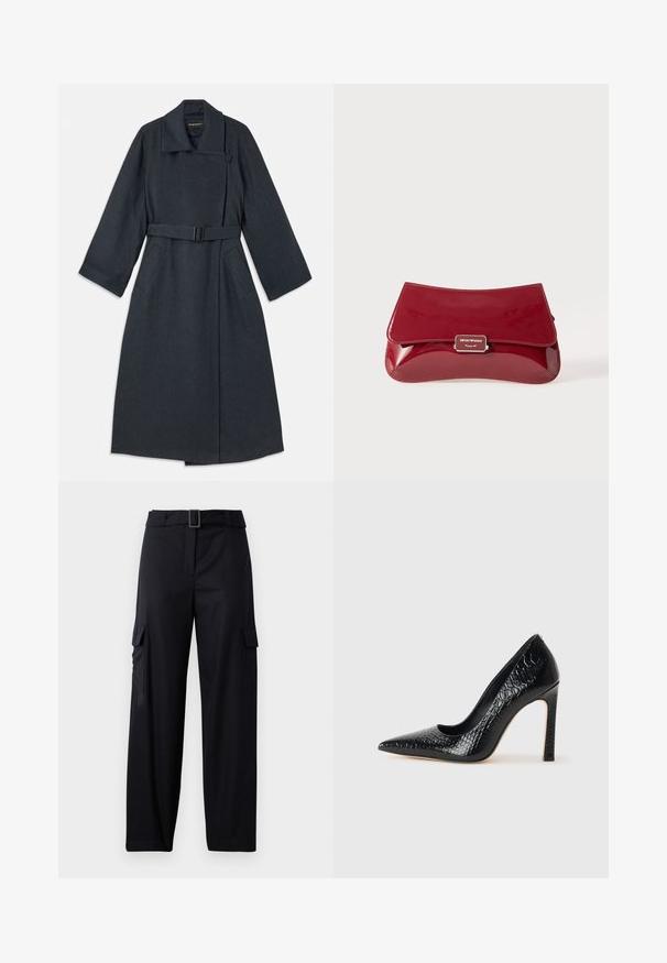 Tummanharmaa takki, jossa on korkea kaulus, vyötäröllä vyö, kaksi sivutaskua ja leveät hihat. Valmistettu teksturoidusta kankaasta, jossa on siisti muotoilu.; Sininen satiininen lyhythihainen paita, jossa on neliön muotoinen pääntie ja takana vetoketju. Sujuva kangas ja hieman löysä istuvuus.; Mustat cargo-housut, joissa on suora lahje. Ominaisuuksiin kuuluu kaksi sivutaskua ja vyö suoralla soljella. Tasainen kangasrakennus.; Musta kapea nilkkakorkokenkä krokotiilin nahkakuviolla, joka on varustettu tyylikkäällä muotoilulla, korkealla stiletto-korkealla ja sileällä mustalla sisäosalla.; Punainen lakattu nahkalaukku, jossa on kaareva muotoilu, taitettava läppä ja metallinen logohopeisella kilvellä. Sileä, kiiltävä pinta.