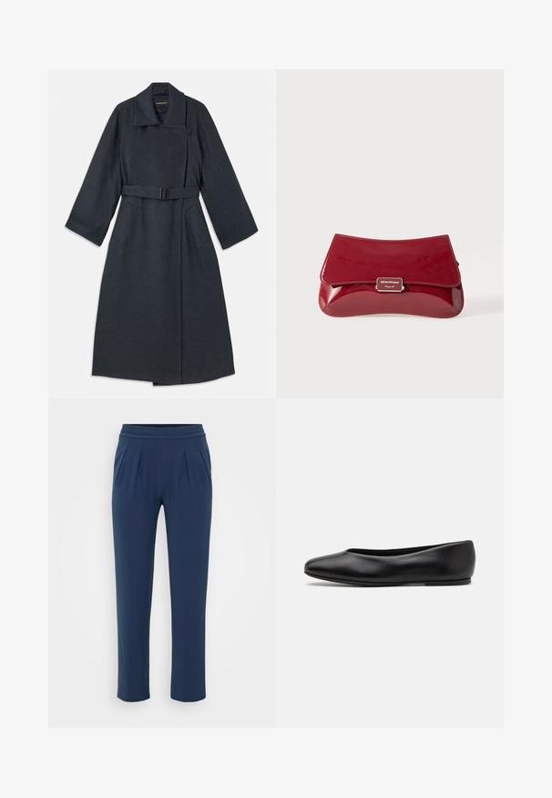 Tmavě šedý kabát s vysokým límcem, opaskem v pase, dvěma bočními kapsami a širokými rukávy. Vyrobeno z texturované tkaniny s čistým designem.; Modrá saténová blůza s krátkým rukávem a čtvercovým výstřihem, se zipem na zádech. Hladká textura a lehce volný střih.; Námořnické modré vysoké kalhoty s elastickým pasem, rovné široké nohavice a boční kapsy, prezentované na jednolitém pozadí.; Paul Smith TOPANGA - Klasické baleríny - black; Červená lakovaná kabelka s křivkovým designem, překlopným víkem a kovovým logem na stříbrné destičce. Hladký, lesklý povrch.