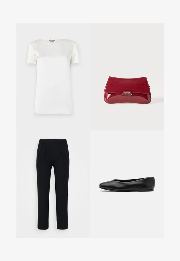 Casaco cinza escuro com um colarinho alto, cintura com cinto, dois bolsos laterais e mangas largas. Feito de tecido texturizado com um design limpo.; Blusa branca de manga curta feita de satin suave, com decote redondo e costuras mínimas. Design limpo e simples com uma textura suave.; Calças pretas, de perna larga, feitas de tecido suave. Apresenta um cós elástico e dois pregas frontais. Sem padrões visíveis ou acessórios.; Paul Smith TOPANGA - Sabrinas - black; Clutch em pele vernizada vermelha com um design curvado, aba a dobrar e um detalhe de logótipo em metal numa placa prateada. Textura suave e brilhante.