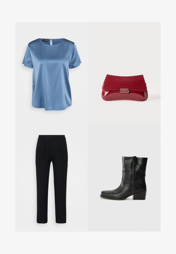 Casaco cinza escuro com um colarinho alto, cintura com cinto, dois bolsos laterais e mangas largas. Feito de tecido texturizado com um design limpo.; Blusa de cetim azul de manga curta com decote quadrado e fecho na parte de trás. Textura suave e ajuste ligeiramente solto.; Calças pretas, de perna larga, feitas de tecido suave. Apresenta um cós elástico e dois pregas frontais. Sem padrões visíveis ou acessórios.; Bota de tornozelo em couro preto com bico arredondado, salto bloco, fecho lateral e detalhes em costura na parte frontal. Textura suave, design clássico.; Clutch em pele vernizada vermelha com um design curvado, aba a dobrar e um detalhe de logótipo em metal numa placa prateada. Textura suave e brilhante.