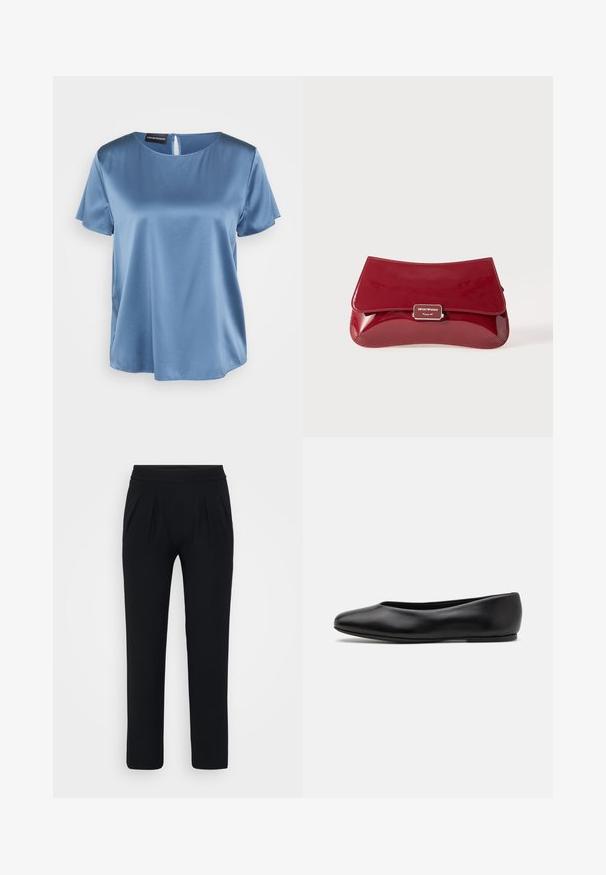 Casaco cinza escuro com um colarinho alto, cintura com cinto, dois bolsos laterais e mangas largas. Feito de tecido texturizado com um design limpo.; Blusa de cetim azul de manga curta com decote quadrado e fecho na parte de trás. Textura suave e ajuste ligeiramente solto.; Calças pretas, de perna larga, feitas de tecido suave. Apresenta um cós elástico e dois pregas frontais. Sem padrões visíveis ou acessórios.; Paul Smith TOPANGA - Sabrinas - black; Clutch em pele vernizada vermelha com um design curvado, aba a dobrar e um detalhe de logótipo em metal numa placa prateada. Textura suave e brilhante.