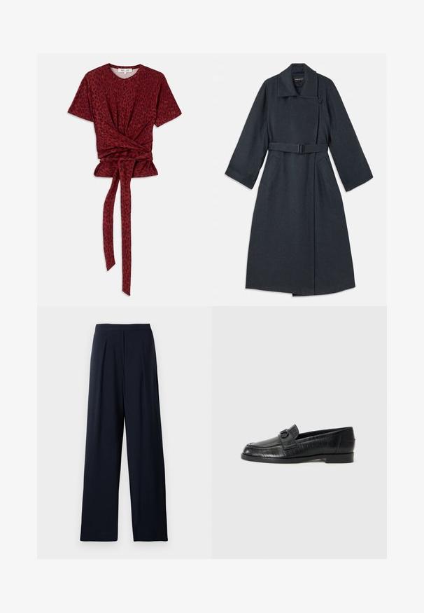 Tamno sivi kaput s visokim ovratnikom, remenom u struku, dva bočna džepa i širokim rukavima. Izrađen od teksturirane tkanine s čistim dizajnom.; Majica s uzorkom crvenih leoparda s okruglim izrezom, kratkim rukavima i čvorom na struku; izrađena od mekog, teksturiranog materijala.; Mornarske široke hlače s nabranima, izrađene od mekanog materijala. Imaju glatki pojas i neukrašeni dizajn za svestranu upotrebu.; Crni kožni loafers s glatkom površinom, uvezenim linijskim uzorkom i dekorativnom kopčom na vrhu. Nizak, blok peta.