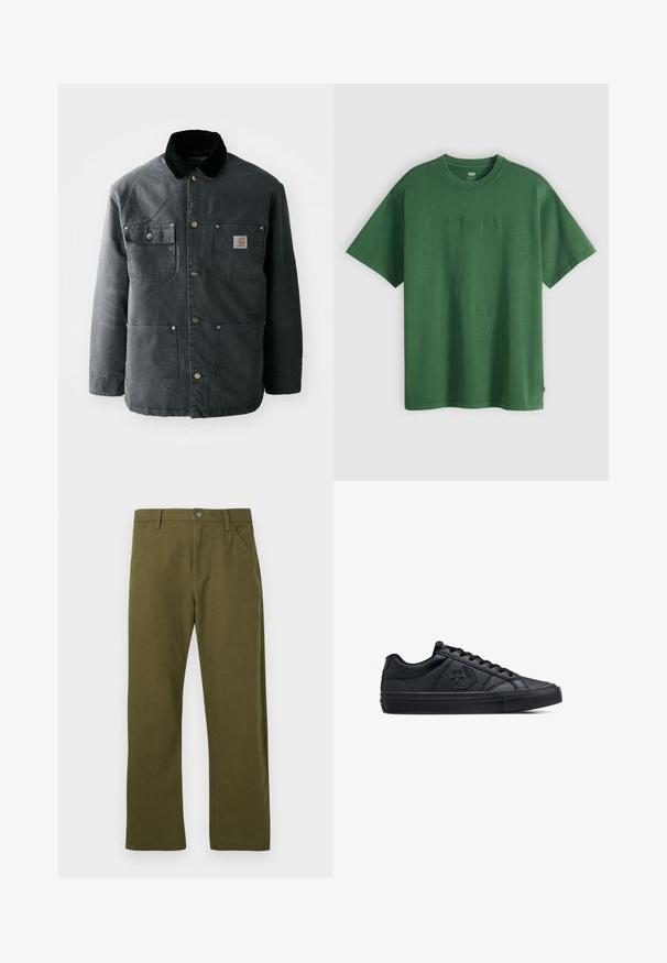 Dark grey canvas jacket with a black corduroy collar, brass snap buttons, and two chest pockets featuring a logo patch. Smooth texture.; Green cotton t-shirt with short sleeves, featuring tonal embroidered logo "Levi Strauss & Co." on the front and a classic crew neck design.; Green cotton trousers with a straight cut, featuring a front pocket design, a metal button closure, and subtle stitching details.; Black low-top sneakers made of smooth leather with a textured rubber sole, featuring round laces and a star logo on the side.