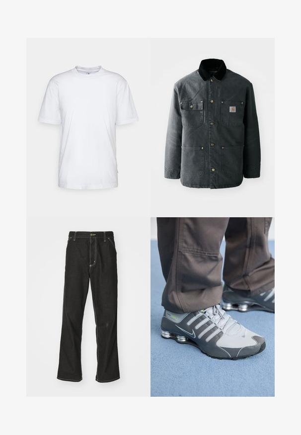 Dunkelgraue Segeltuchjacke mit einem schwarzen Cordkragen, Messing-Druckknöpfen und zwei Brusttaschen mit einem Logo-Patch. Angenehme Textur.; Weißes Baumwoll-T-Shirt mit Rundhalsausschnitt, kurzen Ärmeln und geradem Saum. Auf der linken Seitennaht befindet sich ein kleines Markenzeichen.; Schwarze Denim-Jeans mit lockerer Passform, kontrastierenden weißen Nähten, einem Knopfverschluss und geradem Bein.; Graue und silberne Nike Shox Sneakers zeichnen sich durch ein schlankes Design aus, mit Netz- und Synthetikmaterialien, einer abgerundeten Zehenpartie und einem gepolsterten Schuhkragen.