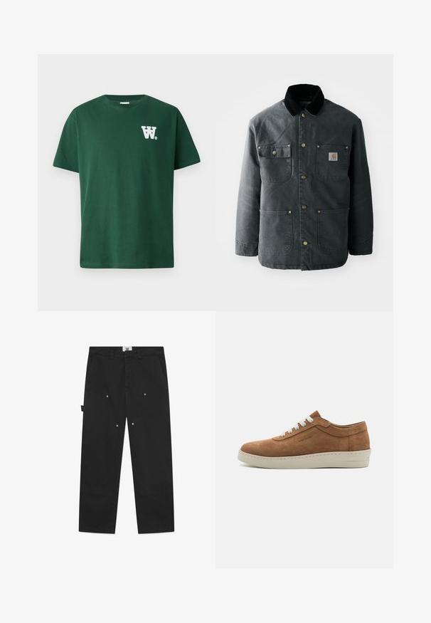 Sötétszürke vászondzseki fekete kordbársony gallérral, réz nyomógombokkal és két mellzsebből álló, logós zsebkendővel. Sima tapintású.; Zöld pamut póló, kerek nyakkal és rövid ujjakkal, fehér „W” logóval a bal mellrészen. Egyszerű dizájn, minta nélkül.; A fekete pamut nadrág egyenes szabású, szembetűnő varrással, oldalzsebekkel és fém nyomógombos részletekkel a frontpanelekon.; Barna velúr sneaker fehér fűzőkkel, kerek orral és texturált gumitalppal. A talp széle mentén varrott díszítéssel rendelkezik.