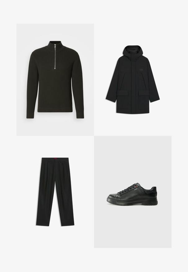 Schwarze Pufferjacke mit Kapuze, mit einem Reißverschluss, großen Fronttaschen und einem dezenten Logo auf der Brust. Glattes, leichtes Material.; Schwarzer, gerippter Strickpullover mit hohem Kragen und kurzem Reißverschluss, mit langen Ärmeln und schmalem Schnitt.; Schwarze Hose mit einem gefältelten Design, weiter Beinform und glatter Textur. Verfügt über ein rotes Taillenlabel.; Schwarze Leder-Sneaker mit strukturiertem Obermaterial, gepolstertem Kragen und rotem Logo-Detail. Verfügt über eine dicke Gummisohle mit markantem Profil.