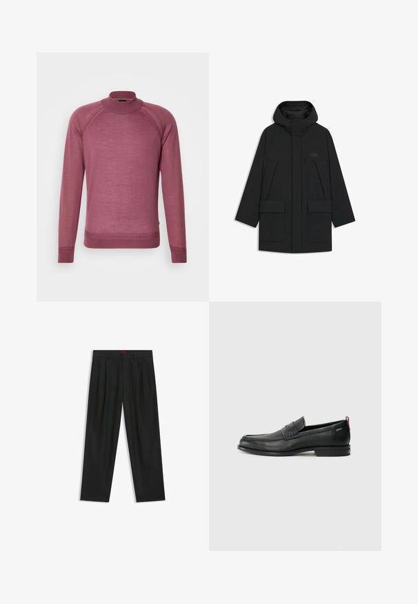 Black puffer jacket with a hood, featuring a zip closure, large front pockets, and a subtle logo on the chest. Smooth, lightweight fabric.; Maroon long-sleeve sweater with a mock neck, ribbed cuffs, and a smooth texture; features raglan sleeves and a fitted silhouette.; Black trousers with a pleated design, wide leg shape, and a smooth texture. Features a red waistband tag.; Black leather loafers with a textured front panel and smooth sides. Features a slim heel and rear loop for easy wear. Classic design.