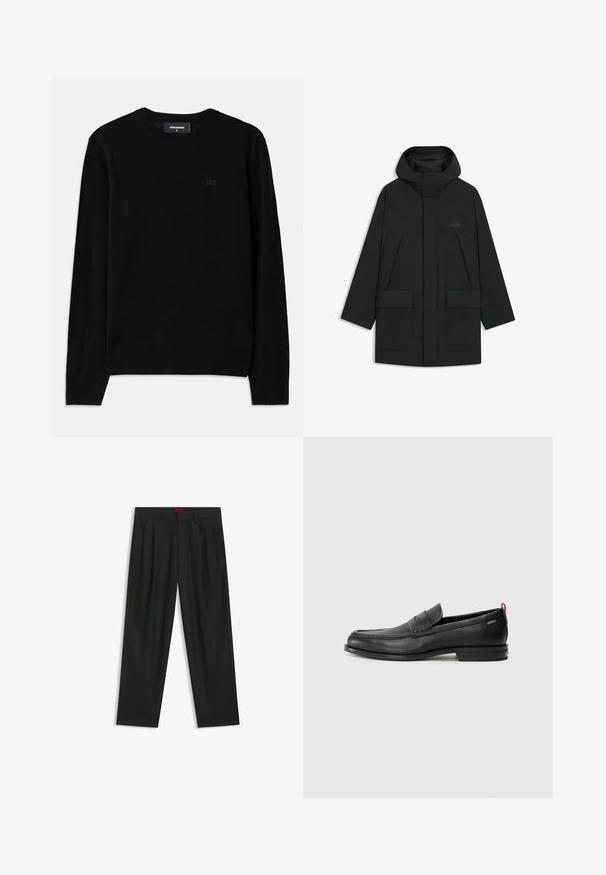 Doudoune noire avec capuche, dotée d'une fermeture éclair, de grandes poches avant et d'un logo discret sur la poitrine. Tissu lisse et léger.; Sweat-shirt noir à col rond fabriqué en tissu doux. Dispose de manches longues et d'un détail logo D2 subtil à l'avant. Design simple et classique.; Pantalons noirs avec un design plissé, une coupe large et une texture lisse. Présente une étiquette de taille rouge.; Mocassins en cuir noir avec un panneau avant texturé et des côtés lisses. Équipés d'un talon fin et d'une boucle à l'arrière pour un enfilage facile. Design classique.