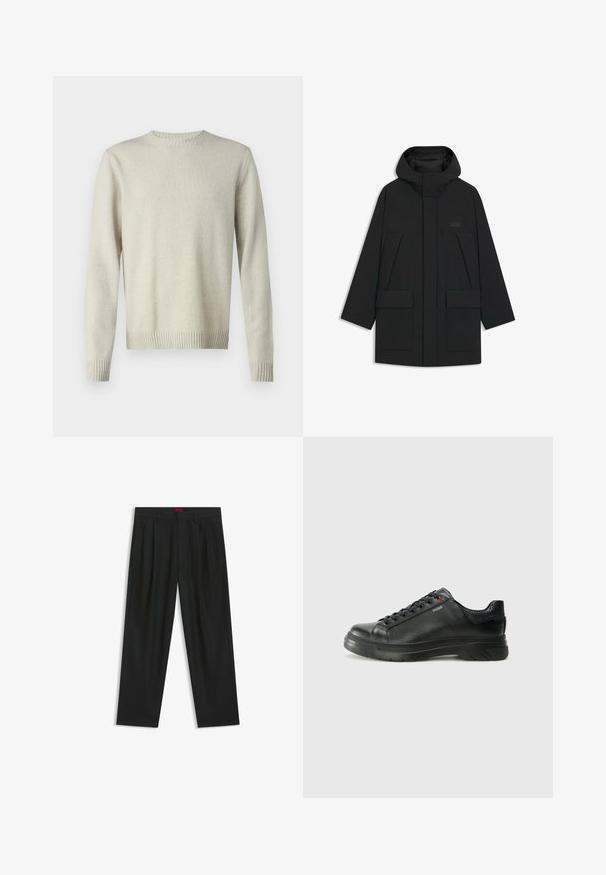 Black puffer jacket with a hood, featuring a zip closure, large front pockets, and a subtle logo on the chest. Smooth, lightweight fabric.; Light beige crewneck sweater made of soft, textured fabric. Features ribbed cuffs and hem, with a simple, minimalist design.; Black trousers with a pleated design, wide leg shape, and a smooth texture. Features a red waistband tag.; Black leather sneaker with textured upper, padded collar, and red logo detail. Features a thick rubber sole with distinct tread pattern.