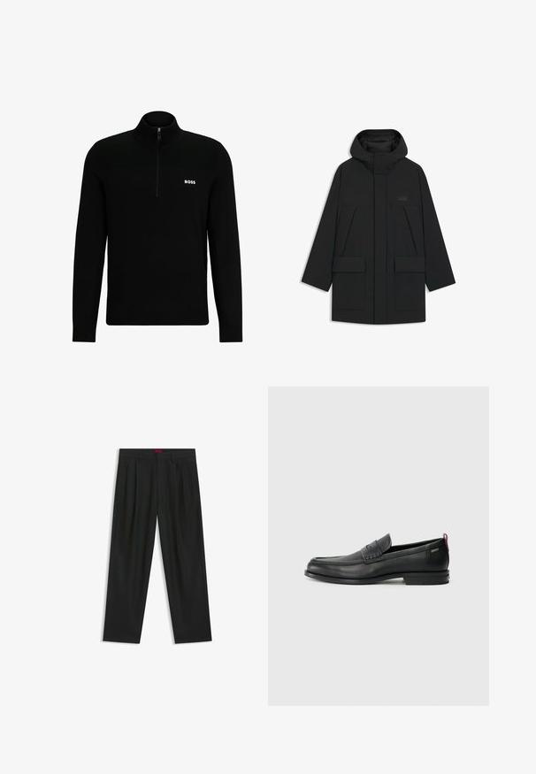 Schwarze Pufferjacke mit Kapuze, mit einem Reißverschluss, großen Fronttaschen und einem dezenten Logo auf der Brust. Glattes, leichtes Material.; Schwarzer Viertelreißverschluss-Pullover aus weichem Stoff. Verfügt über eine gerippte Textur an den Schultern und ein kleines weißes Logo auf der Brust.; Schwarze Hose mit einem gefältelten Design, weiter Beinform und glatter Textur. Verfügt über ein rotes Taillenlabel.; Schwarze Lederloafers mit einem strukturierten Vorderteil und glatten Seiten. Sie verfügen über einen schmalen Absatz und eine Schlaufe an der Rückseite für einfaches Anziehen. Klassisches Design.