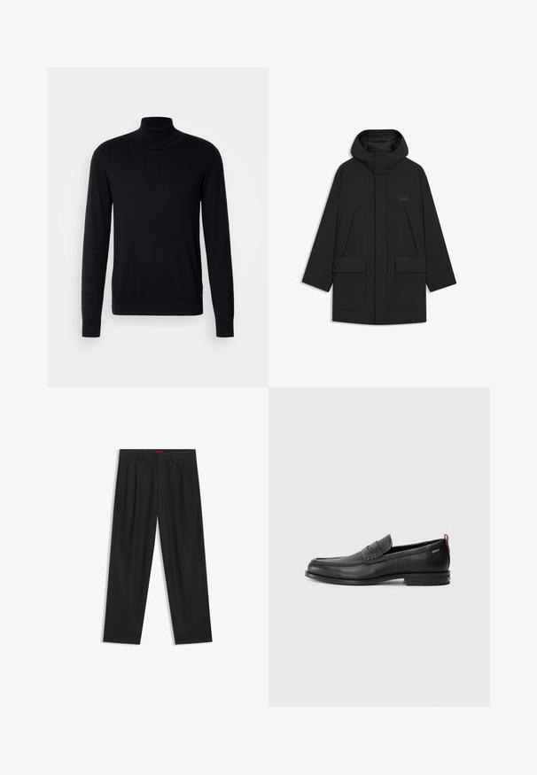 Giacca a vento nera con cappuccio, dotata di chiusura con zip, grandi tasche frontali e un logo discreto sul petto. Tessuto liscio e leggero.; Maglione collo alto nero realizzato in morbido tessuto. Presenta maniche lunghe, colletto e polsini a coste, con una texture liscia e senza fantasie.; Pantaloni neri con un design plissè, forma a gamba larga e texture liscia. Presentano un'etichetta rossa in vita.; Mocassini in pelle nera con un pannello anteriore testurizzato e lati lisci. Presentano un tacco sottile e un anello sul retro per una vestibilità facile. Design classico.