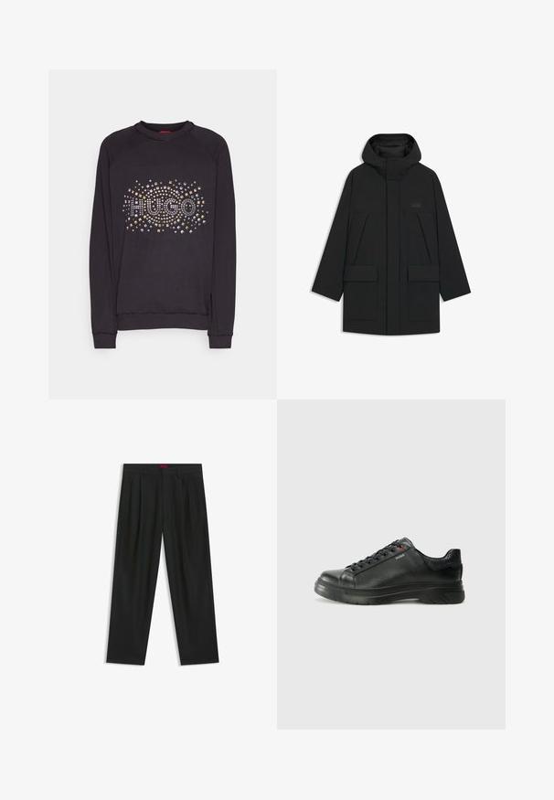 Black puffer jacket with a hood, featuring a zip closure, large front pockets, and a subtle logo on the chest. Smooth, lightweight fabric.; Black sweatshirt with long sleeves, featuring a graphic "HUGO" design made of metallic studs in various colors on the front.; Black trousers with a pleated design, wide leg shape, and a smooth texture. Features a red waistband tag.; Black leather sneaker with textured upper, padded collar, and red logo detail. Features a thick rubber sole with distinct tread pattern.