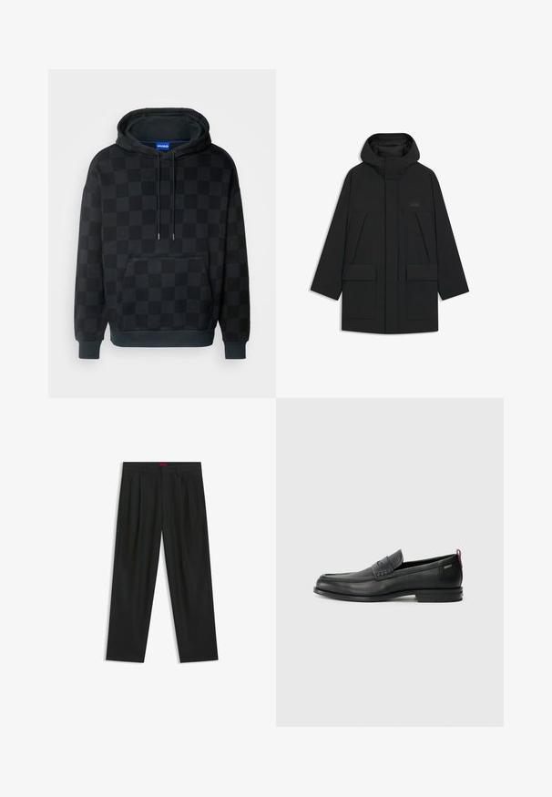 Schwarze Pufferjacke mit Kapuze, mit einem Reißverschluss, großen Fronttaschen und einem dezenten Logo auf der Brust. Glattes, leichtes Material.; HUGO NEVALP - Kapuzenpullover - black; Schwarze Hose mit einem gefältelten Design, weiter Beinform und glatter Textur. Verfügt über ein rotes Taillenlabel.; Schwarze Lederloafers mit einem strukturierten Vorderteil und glatten Seiten. Sie verfügen über einen schmalen Absatz und eine Schlaufe an der Rückseite für einfaches Anziehen. Klassisches Design.