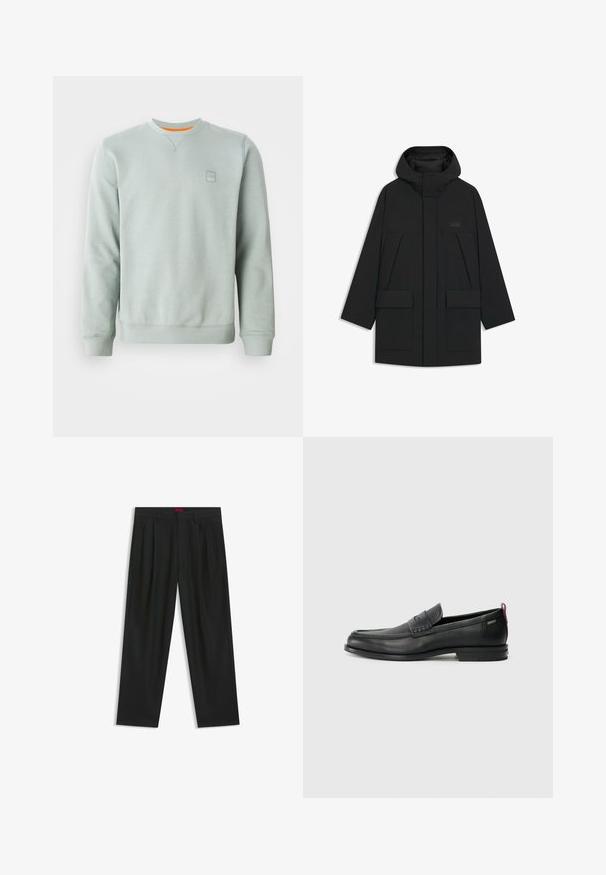 Mustaa puffatakkia hupulla, jossa on vetskari, suuret etutaskut ja huomaamaton logo rinnassa. Sujuva, kevyt kangas.; Vihreä crewneck-huppari, jossa on pitkät hihat, joustavat hihansuut ja helma sekä pieni kohokuvioitu logo vasemmalla rintataskussa.; Mustat housut, joissa on poimutettu muotoilu, leveä lahjetyyppi ja sileä pinta. Varustettu punaisella vyötärötagilla.; Musta nahkakengät, joissa on teksturoitu etupaneeli ja sileät sivut. Varustettu kapealla kantapäillä ja takasilmukalla helppoa pukemista varten. Klassinen muotoilu.