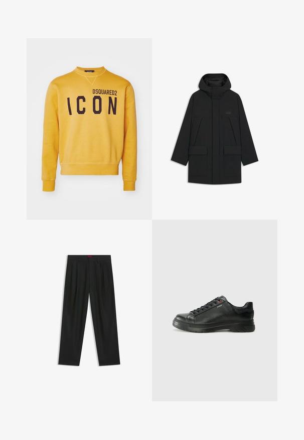 Mustaa puffatakkia hupulla, jossa on vetskari, suuret etutaskut ja huomaamaton logo rinnassa. Sujuva, kevyt kangas.; DSQUARED2 ICON COOL FIT CREWNECK - Collegepaita - sunflower; Mustat housut, joissa on poimutettu muotoilu, leveä lahjetyyppi ja sileä pinta. Varustettu punaisella vyötärötagilla.; Musta nahkakengät, joissa on teksturoidun pinnan, pehmustettu kaulus ja punainen logo. Kengissä on paksu kumipohja, jossa on selkeä uramalli.