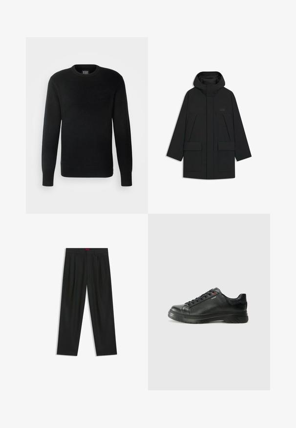 Doudoune noire avec capuche, dotée d'une fermeture éclair, de grandes poches avant et d'un logo discret sur la poitrine. Tissu lisse et léger.; Pull en maille noir à manches longues, col rond, avec des bords côtes aux poignets et à l'ourlet, arborant un petit label logo en bas à gauche.; Pantalons noirs avec un design plissé, une coupe large et une texture lisse. Présente une étiquette de taille rouge.; Sneaker en cuir noir avec une tige texturée, un col rembourré et un détail de logo rouge. Caractéristiques d'une épaisse semelle en caoutchouc avec un motif de semelle distinct.