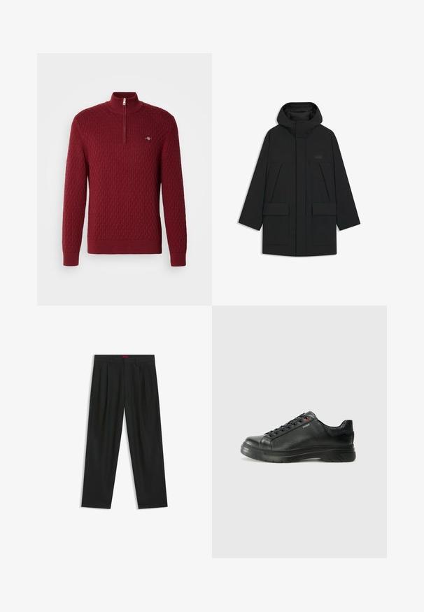 Giacca a vento nera con cappuccio, dotata di chiusura con zip, grandi tasche frontali e un logo discreto sul petto. Tessuto liscio e leggero.; Pullover rosso lavorato a maglia con un motivo a diamante testurizzato, colletto alto e zip a un quarto. Presenta polsini e orlo a coste. Dettaglio logo piccolo incluso.; Pantaloni neri con un design plissè, forma a gamba larga e texture liscia. Presentano un'etichetta rossa in vita.; Sneaker nera in pelle con superficie testurizzata, collo imbottito e dettaglio logo rosso. Presenta una suola in gomma spessa con un motivo di battistrada distintivo.