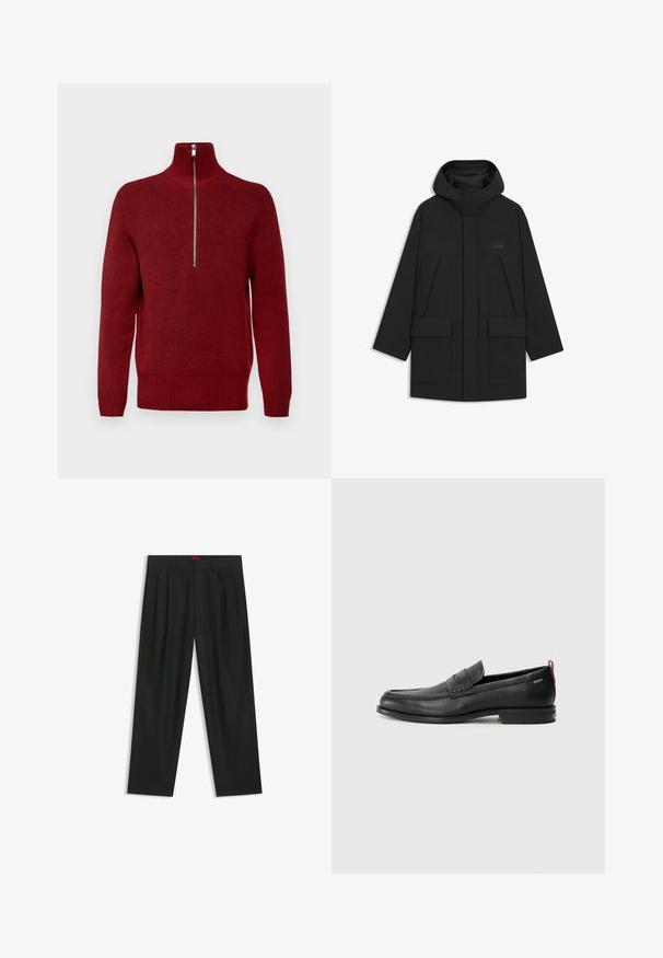 Black puffer jacket with a hood, featuring a zip closure, large front pockets, and a subtle logo on the chest. Smooth, lightweight fabric.; Red zip-neck sweater with a textured knit pattern, long sleeves, ribbed cuffs and hem, featuring a silver zipper at the collar.; Black trousers with a pleated design, wide leg shape, and a smooth texture. Features a red waistband tag.; Black leather loafers with a textured front panel and smooth sides. Features a slim heel and rear loop for easy wear. Classic design.