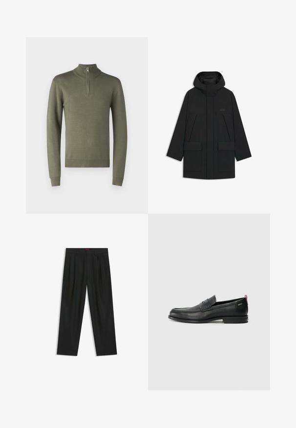 Doudoune noire avec capuche, dotée d'une fermeture éclair, de grandes poches avant et d'un logo discret sur la poitrine. Tissu lisse et léger.; Pull en olive avec un col montant et une demi-fermeture éclair. Présente des manches longues ainsi que des poignets et un ourlet côtelés, fabriqué en matière tricotée douce.; Pantalons noirs avec un design plissé, une coupe large et une texture lisse. Présente une étiquette de taille rouge.; Mocassins en cuir noir avec un panneau avant texturé et des côtés lisses. Équipés d'un talon fin et d'une boucle à l'arrière pour un enfilage facile. Design classique.