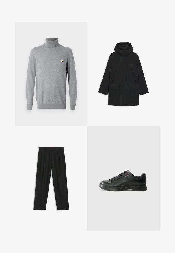 Giacca a vento nera con cappuccio, dotata di chiusura con zip, grandi tasche frontali e un logo discreto sul petto. Tessuto liscio e leggero.; Maglione a collo alto grigio realizzato in un tessuto morbido, con una vestibilità slim e un piccolo logo giallo ricamato sul petto.; Pantaloni neri con un design plissè, forma a gamba larga e texture liscia. Presentano un'etichetta rossa in vita.; Sneaker nera in pelle con superficie testurizzata, collo imbottito e dettaglio logo rosso. Presenta una suola in gomma spessa con un motivo di battistrada distintivo.