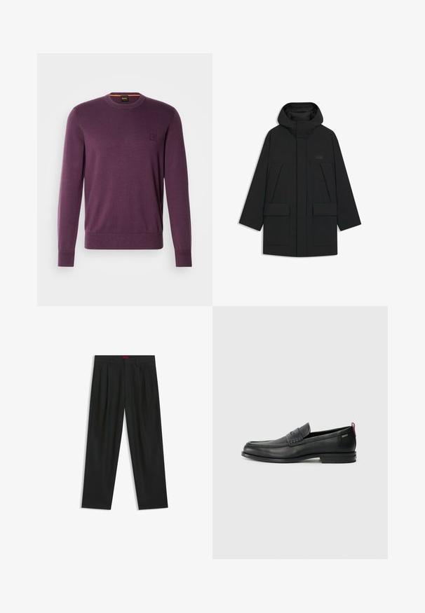 Schwarze Pufferjacke mit Kapuze, mit einem Reißverschluss, großen Fronttaschen und einem dezenten Logo auf der Brust. Glattes, leichtes Material.; Lila Rundhals-Pullover aus weichem Stoff. Verfügt über lange Ärmel, gerippte Bündchen und ein kleines geprägtes Logo auf der Brust.; Schwarze Hose mit einem gefältelten Design, weiter Beinform und glatter Textur. Verfügt über ein rotes Taillenlabel.; Schwarze Lederloafers mit einem strukturierten Vorderteil und glatten Seiten. Sie verfügen über einen schmalen Absatz und eine Schlaufe an der Rückseite für einfaches Anziehen. Klassisches Design.