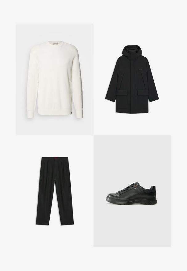 Czarna kurtka puchowa z kapturem, z zamkiem błyskawicznym, dużymi przednimi kieszeniami i subtelnym logo na klatce piersiowej. Gładki, lekki materiał.; Calvin Klein Jeans - Sweter; Czarne spodnie o plisowanym wzorze, szerokim kroju nogawek i gładkiej fakturze. Posiadają czerwony metek w pasie.; Czarne skórzane sneakersy z teksturowaną cholewką, miękkim kołnierzem i czerwonym logo. Posiadają grubą gumową podeszwę z wyraźnym wzorem bieżnika.