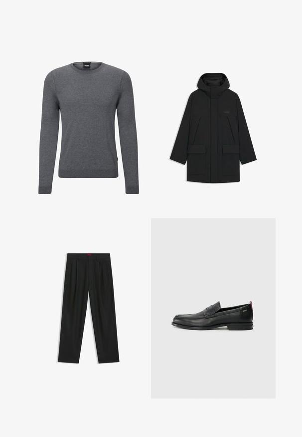 Black puffer jacket with a hood, featuring a zip closure, large front pockets, and a subtle logo on the chest. Smooth, lightweight fabric.; Grey crew-neck sweater made of soft knit fabric. It features long sleeves, ribbed cuffs and hem, and a small logo tag on the side.; Black trousers with a pleated design, wide leg shape, and a smooth texture. Features a red waistband tag.; Black leather loafers with a textured front panel and smooth sides. Features a slim heel and rear loop for easy wear. Classic design.