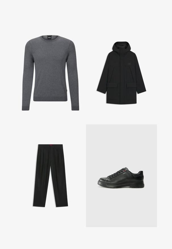 Black puffer jacket with a hood, featuring a zip closure, large front pockets, and a subtle logo on the chest. Smooth, lightweight fabric.; Grey crew-neck sweater made of soft knit fabric. It features long sleeves, ribbed cuffs and hem, and a small logo tag on the side.; Black trousers with a pleated design, wide leg shape, and a smooth texture. Features a red waistband tag.; Black leather sneaker with textured upper, padded collar, and red logo detail. Features a thick rubber sole with distinct tread pattern.