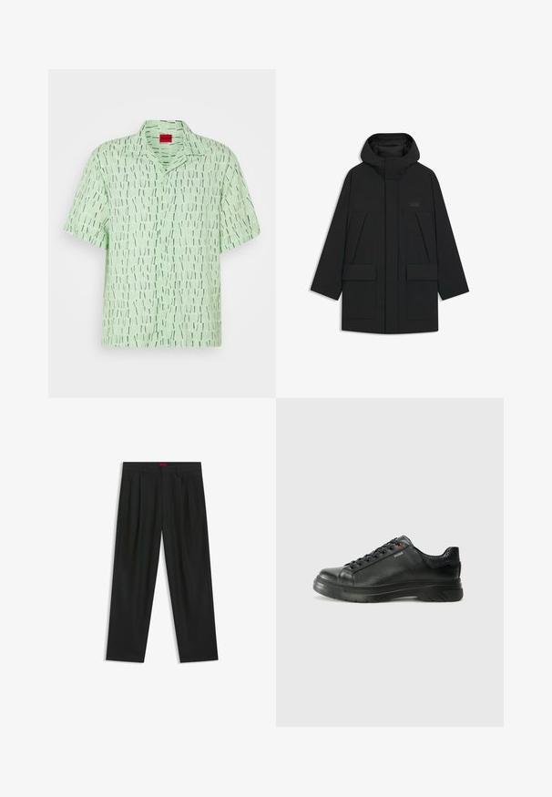 Black puffer jacket with a hood, featuring a zip closure, large front pockets, and a subtle logo on the chest. Smooth, lightweight fabric.; Short-sleeve shirt in light green fabric with a graphic pattern of vertical black and white lines. Features a collar and button front.; Black trousers with a pleated design, wide leg shape, and a smooth texture. Features a red waistband tag.; Black leather sneaker with textured upper, padded collar, and red logo detail. Features a thick rubber sole with distinct tread pattern.