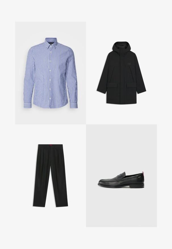 Zwarte bomberjack met capuchon, voorzien van een ritsluiting, grote voorkruiken en een subtiele logo op de borst. Zeker een gladde, lichte stof.; Blauw-witte gestreepte langemouwen overhemd met knopen, gemaakt van geweven katoen, met een klassieke kraag en een ronde zoom. Voorzien van parelknopen.; Zwarte broek met een geplooid ontwerp, wijde pijpen en een zachte textuur. Voorzien van een rode taillebandlabel.; Zwarte leren instappers met een textuur aan de voorkant en gladde zijden. Voorzien van een slanke hak en een lus aan de achterkant voor gemakkelijk aan- en uittrekken. Klassiek ontwerp.