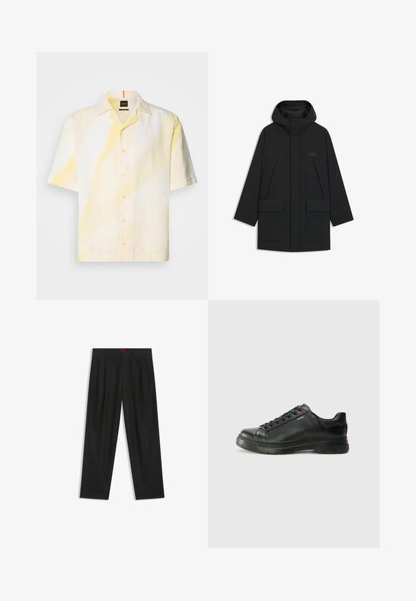 Sort puffet jakke med hætte, med lynlåslukning, store forlommer og et diskret logo på brystet. Glat, letvægtsstof.; Kortærmet skjorte lavet af let stof, med et gult og hvidt tie-dye mønster, knaplukning foran og en camp krave.; Sorte bukser med plisseret design, bred benform og en glat tekstur. Har et rødt taljetag.; Sorte lædersneakers med tekstureret overdel, polstret krave og rødt logo-detajle. Har en tyk gummisål med tydeligt mønster.