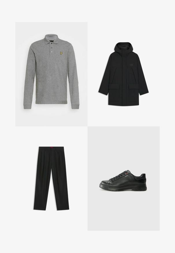 Black puffer jacket with a hood, featuring a zip closure, large front pockets, and a subtle logo on the chest. Smooth, lightweight fabric.; Gray long-sleeve polo shirt made of soft material, featuring a three-button placket and a yellow logo on the left chest.; Black trousers with a pleated design, wide leg shape, and a smooth texture. Features a red waistband tag.; Black leather sneaker with textured upper, padded collar, and red logo detail. Features a thick rubber sole with distinct tread pattern.