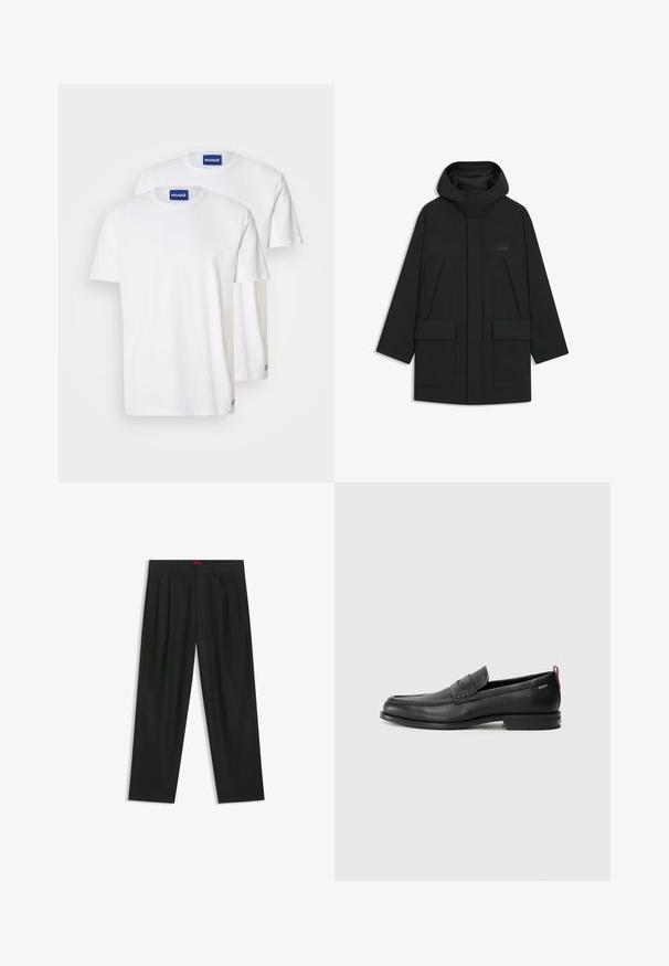 Czarna kurtka puchowa z kapturem, z zamkiem błyskawicznym, dużymi przednimi kieszeniami i subtelnym logo na klatce piersiowej. Gładki, lekki materiał.; Białe bawełniane T-shirty z okrągłym dekoltem i krótkimi rękawami, oznaczone niebieskimi metkami "HUGO" na dekolcie oraz małymi akcentami na dolnym brzegu.; Czarne spodnie o plisowanym wzorze, szerokim kroju nogawek i gładkiej fakturze. Posiadają czerwony metek w pasie.; Czarne skórzane mokasyny z teksturowanym frontem i gładkimi bokami. Posiadają smukłą podeszwę i tylną pętelkę dla łatwego zakładania. Klasyczny design.