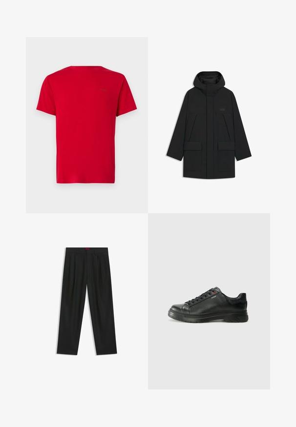 Black puffer jacket with a hood, featuring a zip closure, large front pockets, and a subtle logo on the chest. Smooth, lightweight fabric.; Red crew-neck T-shirt, short sleeves, cotton fabric, smooth texture, featuring a small, black logo print on the upper back.; Black trousers with a pleated design, wide leg shape, and a smooth texture. Features a red waistband tag.; Black leather sneaker with textured upper, padded collar, and red logo detail. Features a thick rubber sole with distinct tread pattern.
