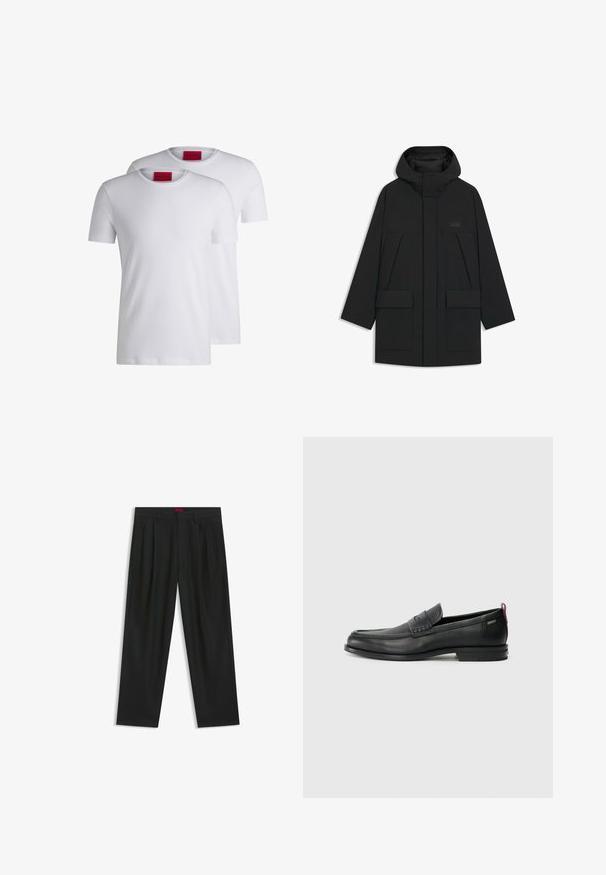 Black puffer jacket with a hood, featuring a zip closure, large front pockets, and a subtle logo on the chest. Smooth, lightweight fabric.; Two plain white crew neck t-shirts, short sleeve, made of cotton, featuring a red HUGO tag at the neckline. No patterns or graphics.; Black trousers with a pleated design, wide leg shape, and a smooth texture. Features a red waistband tag.; Black leather loafers with a textured front panel and smooth sides. Features a slim heel and rear loop for easy wear. Classic design.