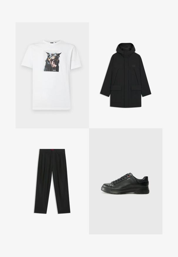 Black puffer jacket with a hood, featuring a zip closure, large front pockets, and a subtle logo on the chest. Smooth, lightweight fabric.; White cotton T-shirt featuring a large, colorful graphic of a barking dog on the front, with the word "BOSS" below the image.; Black trousers with a pleated design, wide leg shape, and a smooth texture. Features a red waistband tag.; Black leather sneaker with textured upper, padded collar, and red logo detail. Features a thick rubber sole with distinct tread pattern.