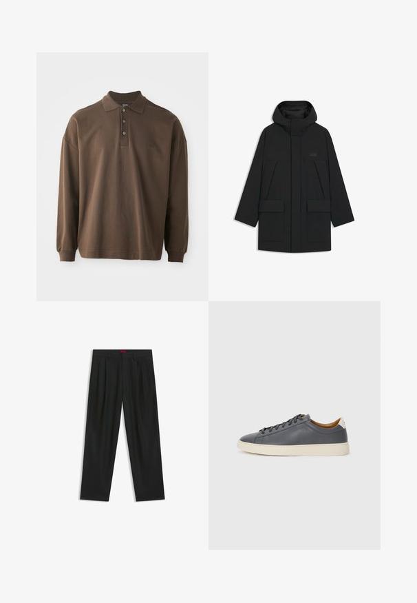 Giacca a vento nera con cappuccio, dotata di chiusura con zip, grandi tasche frontali e un logo discreto sul petto. Tessuto liscio e leggero.; Polo a maniche lunghe marrone con colletto, tre bottoni e polsini a costine. Realizzato in morbido cotone con una vestibilità comoda.; Pantaloni neri con un design plissè, forma a gamba larga e texture liscia. Presentano un'etichetta rossa in vita.; Sneaker in pelle grigia con punta rotonda, suola in gomma, lacci piatti e dettagli chiari sul tallone. Texture liscia e design minimalista.