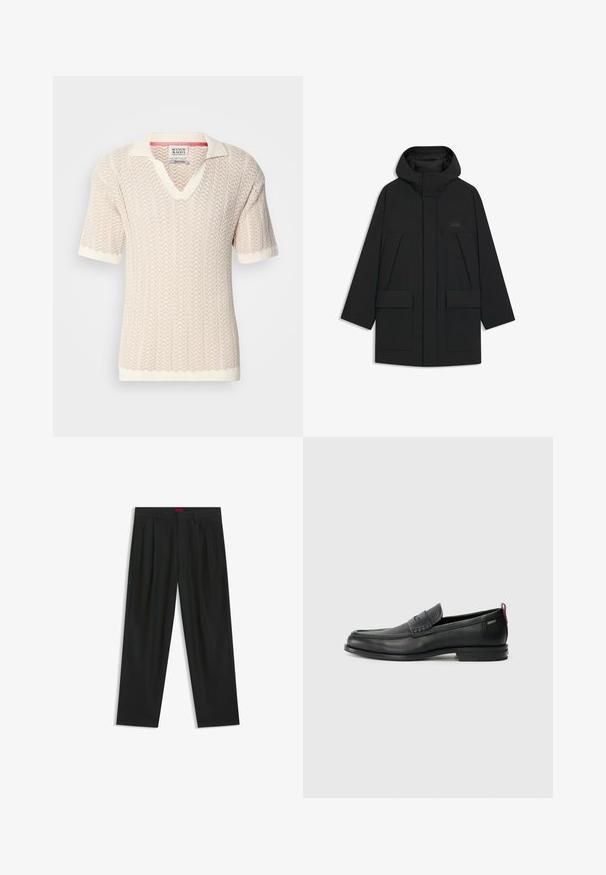Czarna kurtka puchowa z kapturem, z zamkiem błyskawicznym, dużymi przednimi kieszeniami i subtelnym logo na klatce piersiowej. Gładki, lekki materiał.; Beżowy sweter z krótkim rękawem, z fakturowanym wzorem w zygzak i dekoltem w kształcie litery V. Posiada kontrastowy kołnierz i mankiety w kolorze kremowym.; Czarne spodnie o plisowanym wzorze, szerokim kroju nogawek i gładkiej fakturze. Posiadają czerwony metek w pasie.; Czarne skórzane mokasyny z teksturowanym frontem i gładkimi bokami. Posiadają smukłą podeszwę i tylną pętelkę dla łatwego zakładania. Klasyczny design.